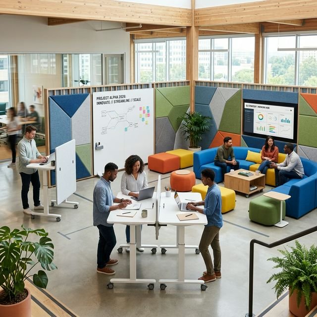 Flexible office layout with modular furniture and collaboration zones