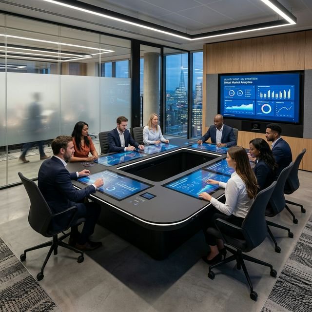 Tech-enabled meeting room with smart glass and digital integration